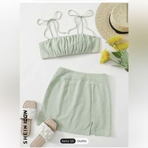 SHEIN ICON Knot Shoulder Tie Back Ruched Crop Cami Top & Split Hem Skirt Set
